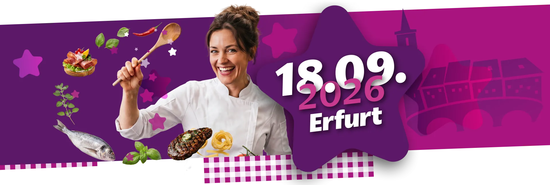 Headergrafik des Esstivals Erfurt mit lachender Köchin, Kochlöffel, Kräutern und Canapes vor der Krämerbrücke sowie dem Veranstaltungsdatum 18. September 2026.